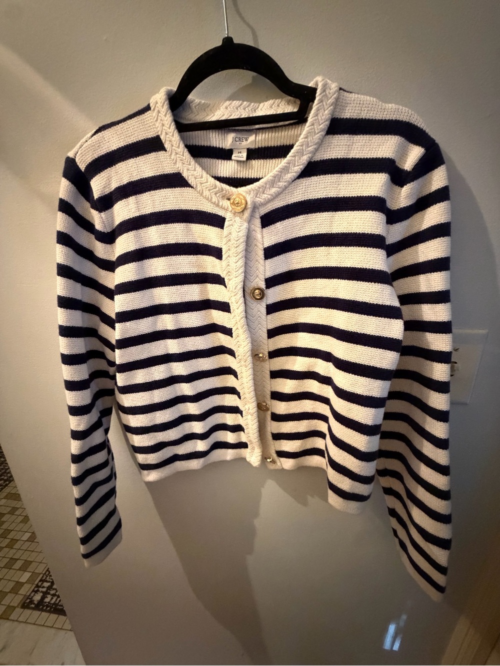 J. Crew Navy and White Striped Button-Front Cardigan